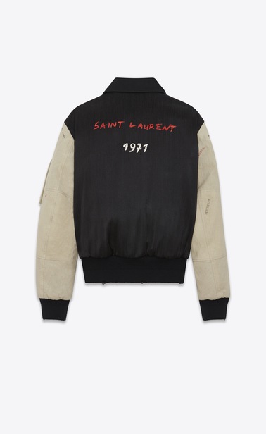 SAINT LAURENT Casual Jackets Man embroidered bomber jacket in black military cotton with off white sleeves b_V4